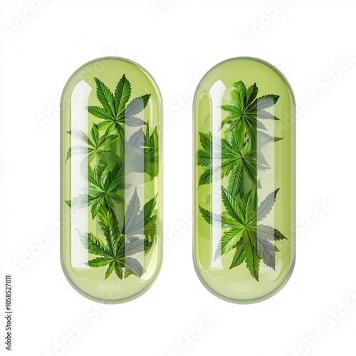 Vibrant green capsules filled with cannabis leaves on a white isolated background.