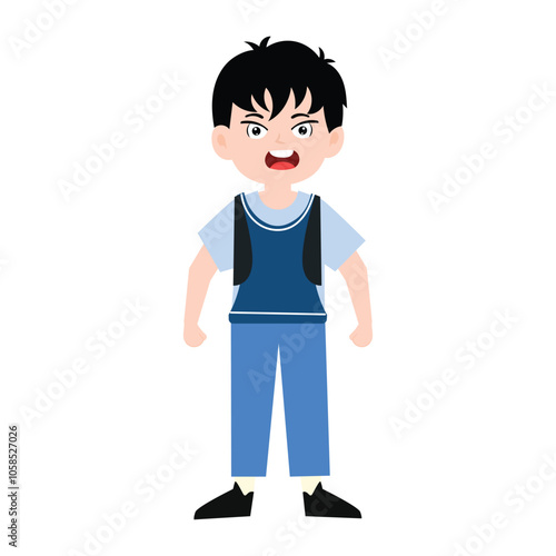 funny little boy is crying, and posing with his hands folded on his waist.School kids collection. Group of cartoon multinational children in school uniform, standing with books and school bags. Isolat