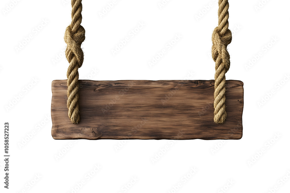 Elegant Warm Oak-Finished Wooden Sign with Natural Fiber Ropes, Transparent Background Elegant Warm Oak-Finished Wooden Sign with Natural Fiber Ropes, Transparent Background