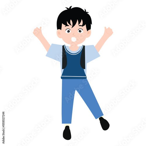 funny little boy is crying, and posing with his hands folded on his waist.School kids collection. Group of cartoon multinational children in school uniform, standing with books and school bags. Isolat