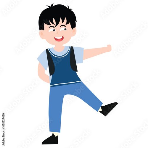 funny little boy is crying, and posing with his hands folded on his waist.School kids collection. Group of cartoon multinational children in school uniform, standing with books and school bags. Isolat