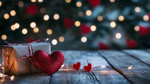 A wrapped gift box with a red glitter heart, placed on a rustic wooden table, set against a bokeh backdrop. Tiny heart decorations add a romantic touch. photo