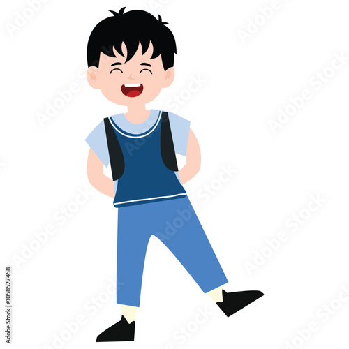 funny little boy is crying, and posing with his hands folded on his waist.School kids collection. Group of cartoon multinational children in school uniform, standing with books and school bags. Isolat