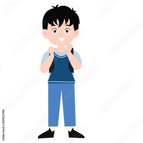funny little boy is crying, and posing with his hands folded on his waist.School kids collection. Group of cartoon multinational children in school uniform, standing with books and school bags. Isolat