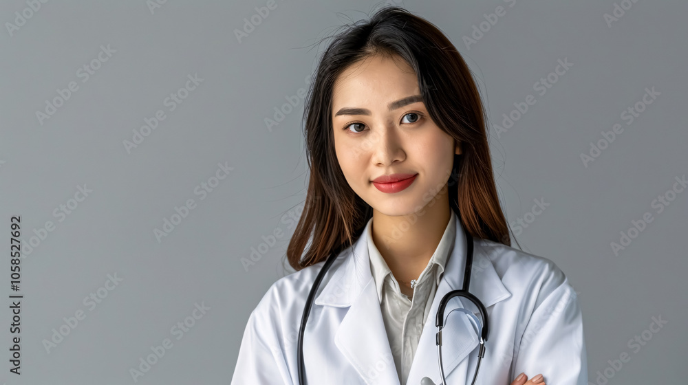 An Asian female doctor in a white coat with a stethoscope, smiling confidently while looking at the camera; a medical student or hospital worker, waist up, against a gray studio background. An Asian female doctor in a white coat with a stethoscope, smiling confidently while looking at the camera; a medical student or hospital worker, waist up, against a gray studio background.