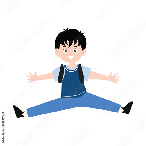 funny little boy is crying, and posing with his hands folded on his waist.School kids collection. Group of cartoon multinational children in school uniform, standing with books and school bags. Isolat