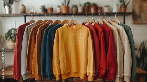 Colorful Sweatshirts on Rack in Cozy Room