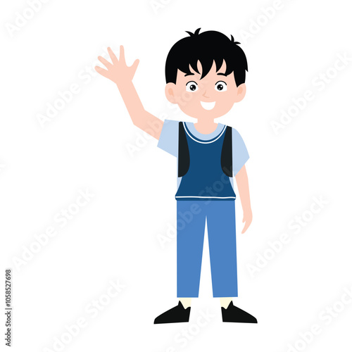 funny little boy is crying, and posing with his hands folded on his waist.School kids collection. Group of cartoon multinational children in school uniform, standing with books and school bags. Isolat