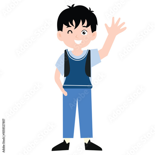 funny little boy is crying, and posing with his hands folded on his waist.School kids collection. Group of cartoon multinational children in school uniform, standing with books and school bags. Isolat