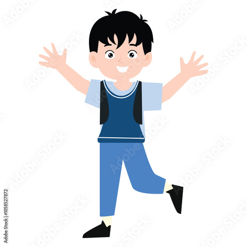 funny little boy is crying, and posing with his hands folded on his waist.School kids collection. Group of cartoon multinational children in school uniform, standing with books and school bags. Isolat