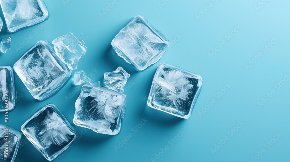 Obraz premium Close-up of transparent ice cubes with cracks and frosty patterns on a smooth light blue background in a minimalist composition.