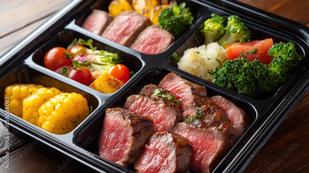 A5 wagyu steak with perfect marbling, accompanied by vegetables in a bento box. A5 wagyu steak with perfect marbling, accompanied by vegetables in a bento box.