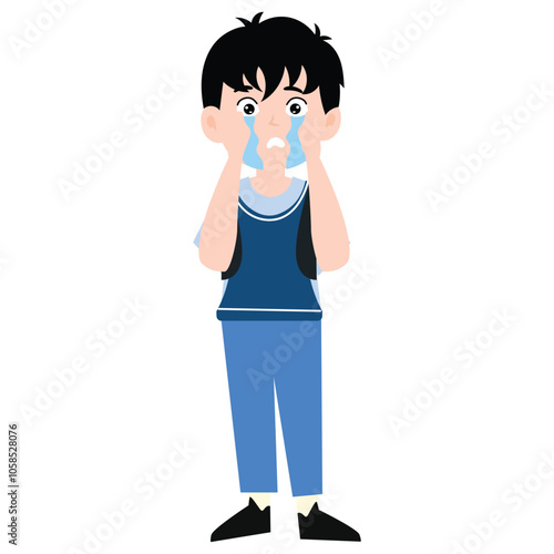 funny little boy is crying, and posing with his hands folded on his waist.School kids collection. Group of cartoon multinational children in school uniform, standing with books and school bags. Isolat