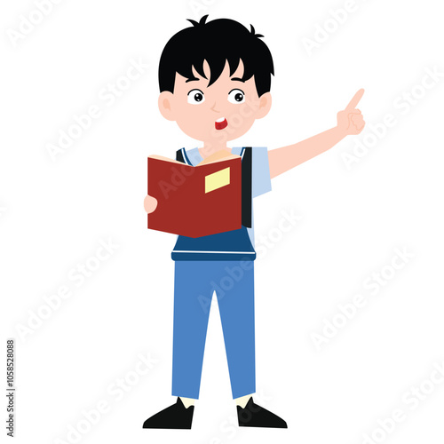 funny little boy is crying, and posing with his hands folded on his waist.School kids collection. Group of cartoon multinational children in school uniform, standing with books and school bags. Isolat