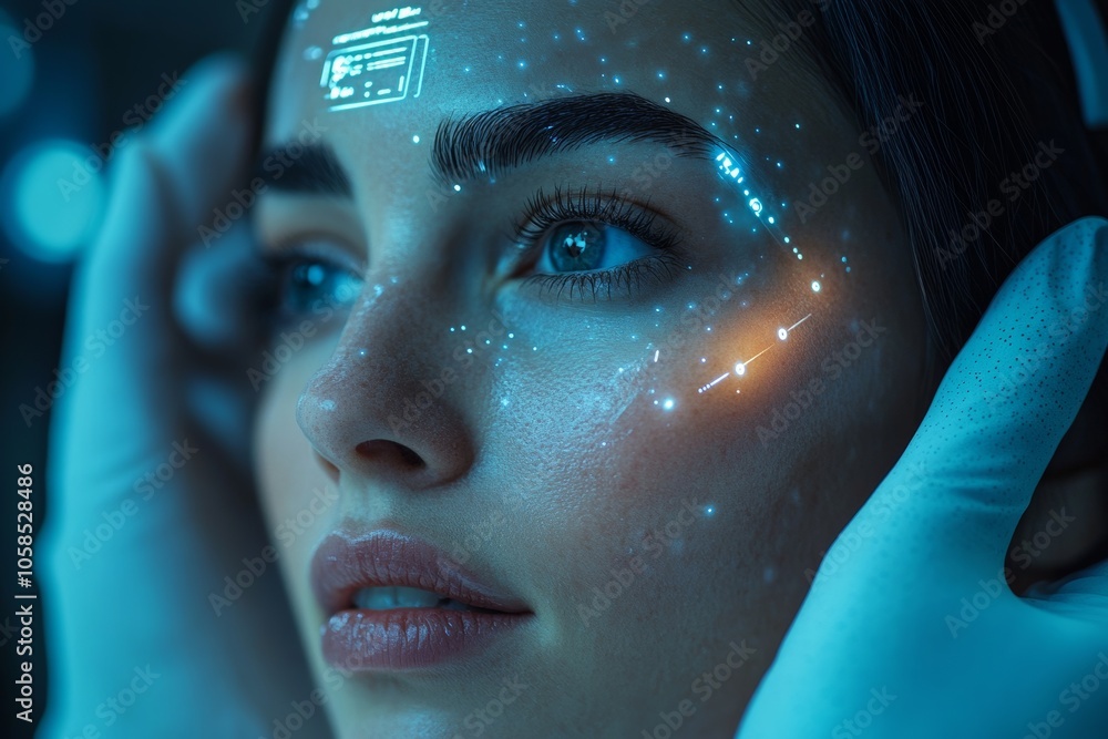 Professional beautician using advanced technology for skin care with holographic control panel. Generative AI Professional beautician using advanced technology for skin care with holographic control panel. Generative AI