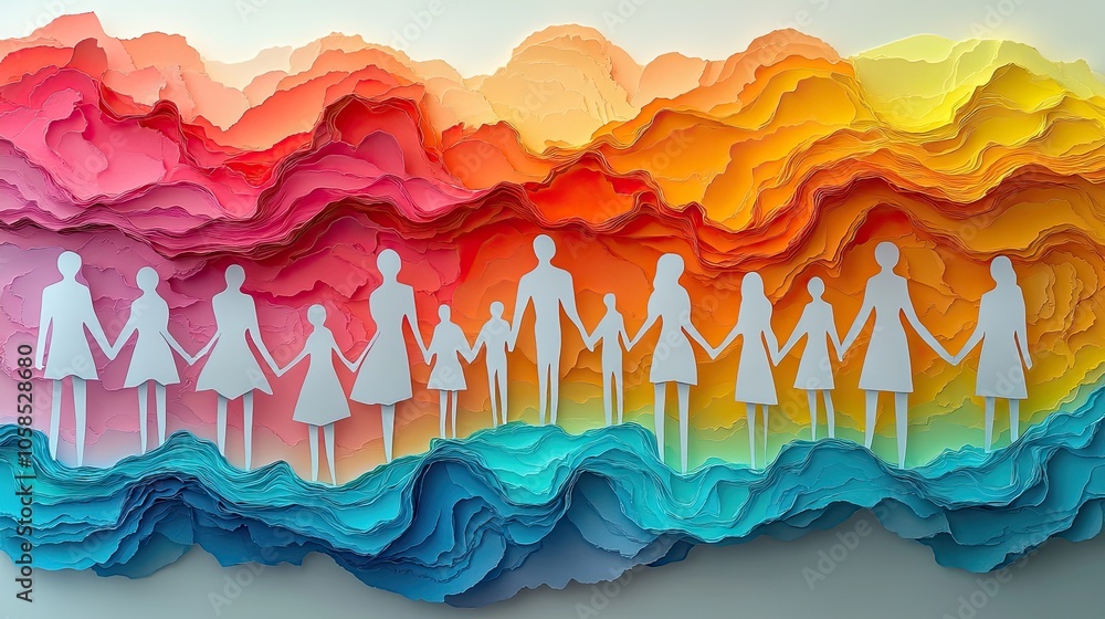 Fototapeta premium Paper cutouts of hands holding figures, symbolizing support and community for mental health awareness