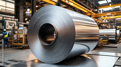 Large roll of shiny metal sheet in industrial factory setting with heavy machinery and worker wearing safety gear in the background