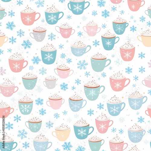 eamless winter pattern with pastel mugs of hot chocolate and whipped cream, surrounded by snowflakes, perfect for holiday designs and cozy backgrounds. photo