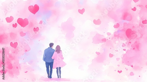 A watercolor scene depicting a romantic couple walking hand in hand against a backdrop filled with pink hearts signifying love and affection. photo