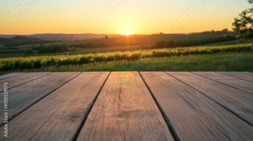 Empty wooden table set against a backdrop of vineyard fields at sunset, creating an ideal scene for relaxation and reflection in the warm light of the evening. Copy space available.