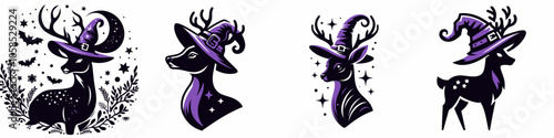 A series of whimsical deer illustrations wearing purple hats, featuring elements of nature and magic, perfect for Halloween-themed designs.