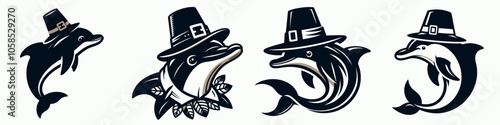 Four illustrated dolphins wearing hats, each with unique designs, showcasing playful aquatic themes. photo