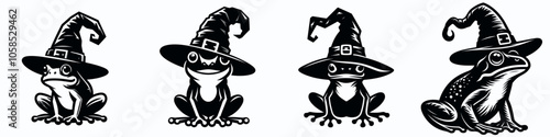 Four whimsical frogs wearing witch hats, each with distinct expressions, celebrating a playful Halloween theme. photo