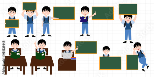 set of variant poses boy uniform school. blank banner cartoon. boy and blackboard room school. funny little boy is crying, and posing with his hands folded on his waist