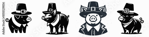 Four cartoonish pigs wearing hats and bow ties, featuring a playful, whimsical style, ideal for Thanksgiving or farm-themed designs.
