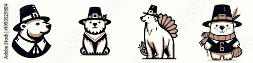 Four cartoon bears in festive attire, with styles including pilgrim hats and a turkey decoration, embodying a playful Thanksgiving theme. photo