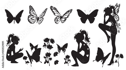 cute fairy and butterfly silhouette set , black silhouettes isolated on white background