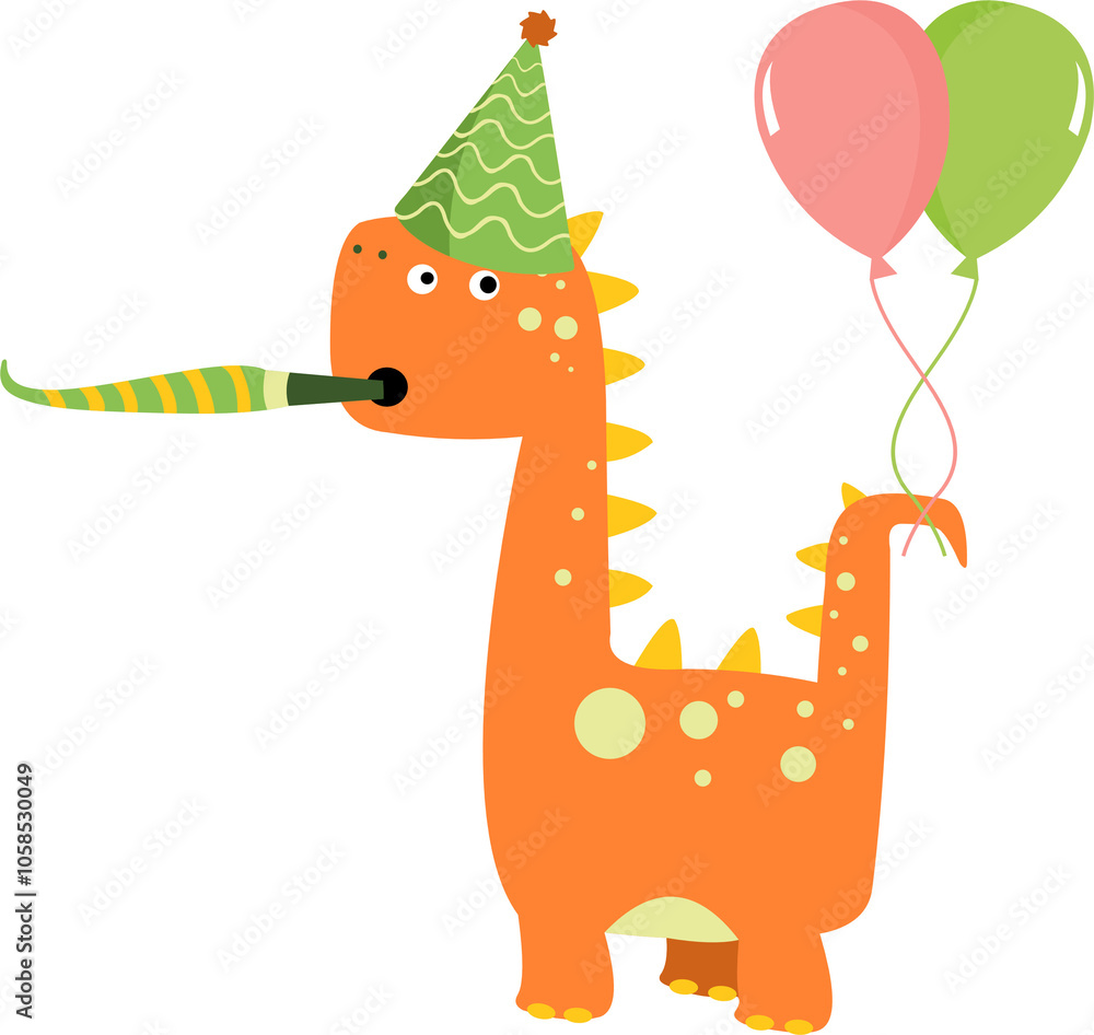 Fototapeta premium Cute Birthday Dinosaur With Party Horn