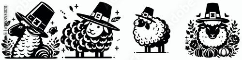Four adorable sheep wearing hats, surrounded by decorative elements, embodying a whimsical and playful style.