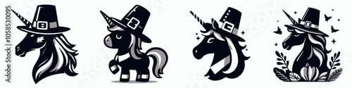 Four whimsical unicorn illustrations featuring hats, showcasing different styles and designs, embodying a playful fantasy theme.