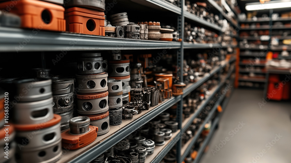 A storage room with shelves filled with metal and plastic automotive parts organized in rows, showcasing a variety of industrial components. A storage room with shelves filled with metal and plastic automotive parts organized in rows, showcasing a variety of industrial components.