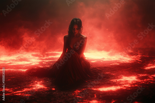 Girl witch in dress sitting on ground on red flame background...