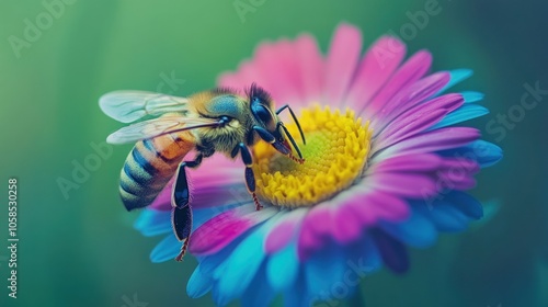 A close-up of a bee on a vibrant flower, highlighting pollination and nature's beauty.