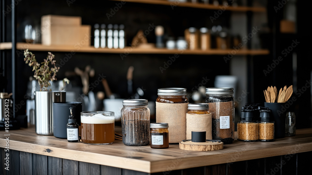 Modern kitchen counter with various jars and containers filled with grains and spices, a glass of beverage, and kitchen utensils in a minimalist setting. Modern kitchen counter with various jars and containers filled with grains and spices, a glass of beverage, and kitchen utensils in a minimalist setting.