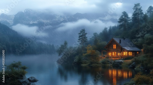 a cozy cabin nestled among majestic mountains provides a breathtaking view, with rain gently falling, creating a serene and peaceful atmosphere in nature