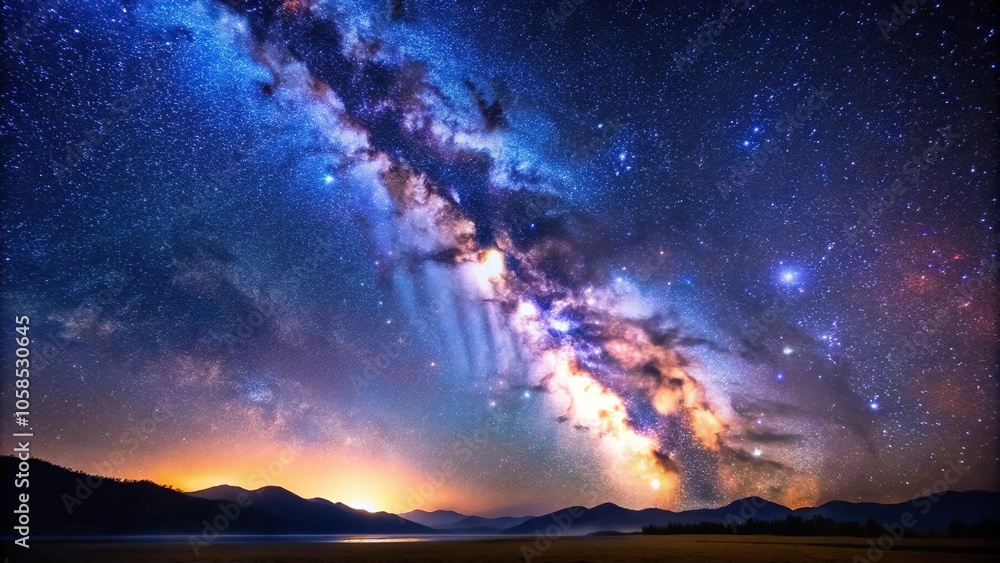 Naklejka premium Milky way and starry night sky with faint stars twinkling in the darkness of space, celestial, stars, deep blue, mysterious