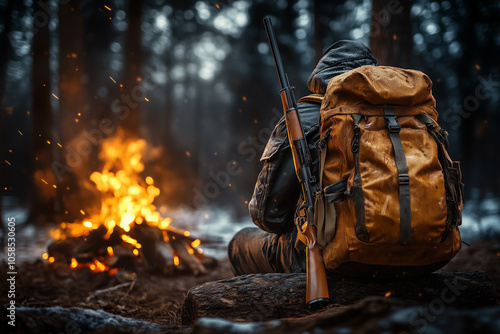 Hunter man with rifle and backpack sitting by campfire in night forest background.
