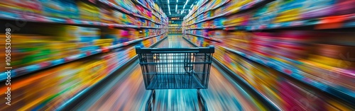 Fast-moving red shopping cart speeding through grocery store aisle