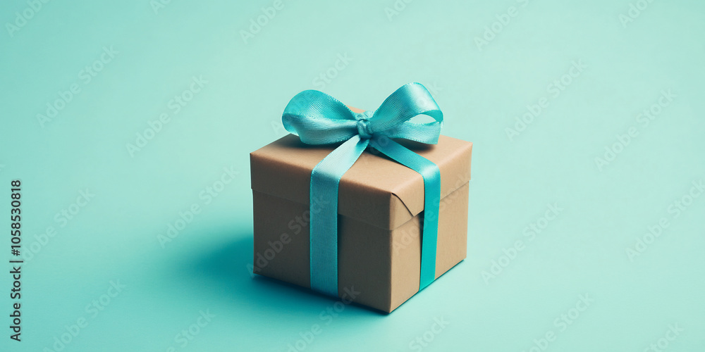 A neatly wrapped gift box with a teal ribbon and bow, set against a light blue background, creating a simple and elegant presentation A neatly wrapped gift box with a teal ribbon and bow, set against a light blue background, creating a simple and elegant presentation