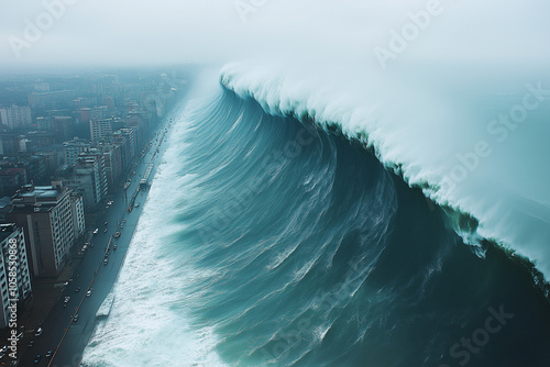 Huge storm wave tsunami approaching the city.