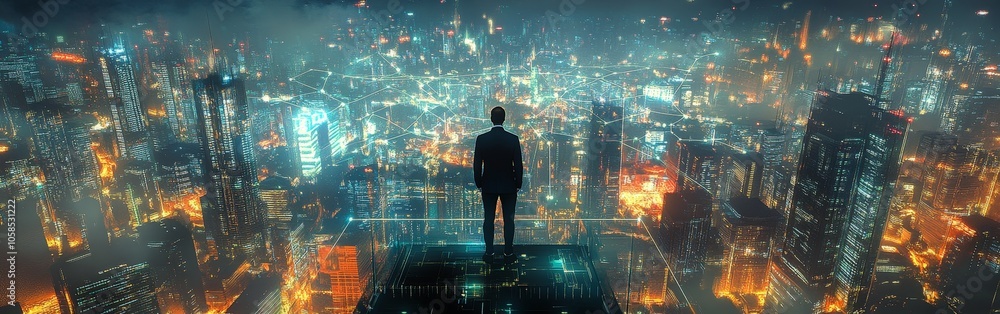 Businessman observing future city with network connections Businessman observing future city with network connections