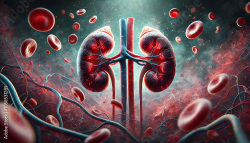 3D Illustration of Human Kidneys with Blood Cells Highlighting Medical and Biological Research