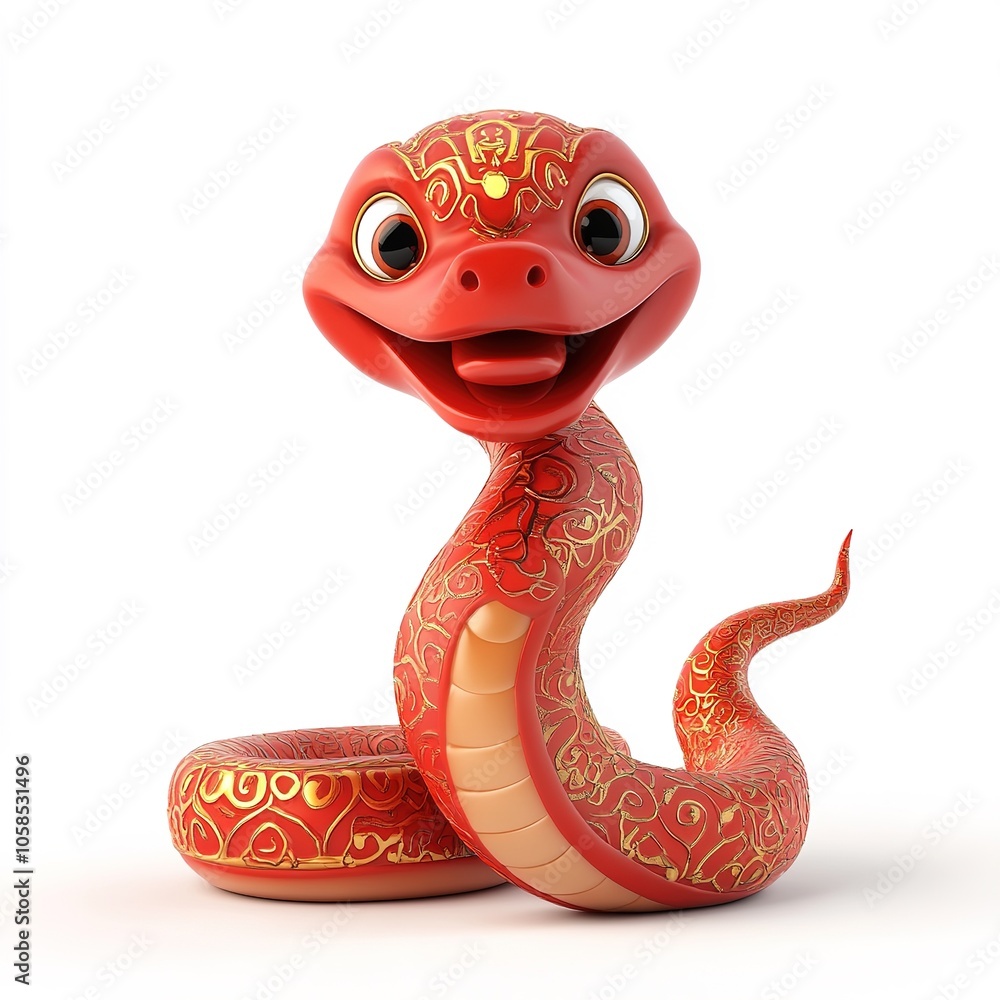 Fototapeta premium Cute Red Snake Illustration with Gold Patterns.