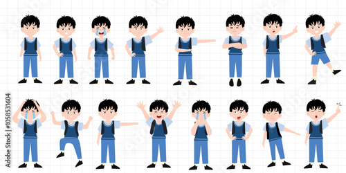 set of variant poses boy uniform school. blank banner cartoon. boy and blackboard room school. funny little boy is crying, and posing with his hands folded on his waist