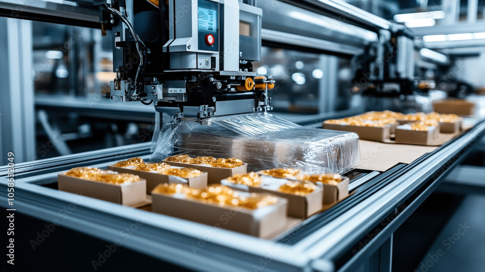 Automated packaging machine in a factory wrapping golden products in plastic film on a conveyor belt, showcasing industrial manufacturing and processing. Automated packaging machine in a factory wrapping golden products in plastic film on a conveyor belt, showcasing industrial manufacturing and processing.