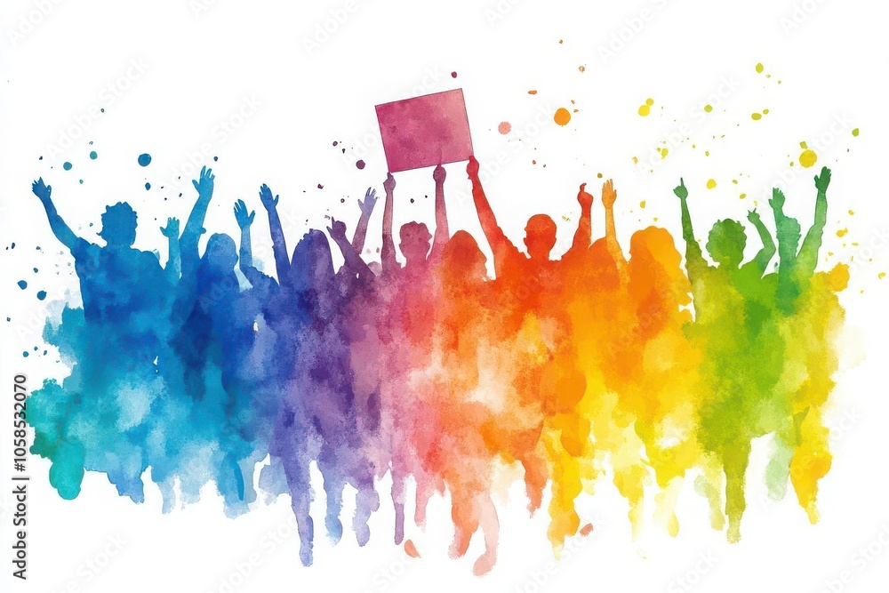 Fototapeta premium Voters cheering after casting their ballot, a vibrant rainbow of colors in watercolor style, cartoonlike simplicity